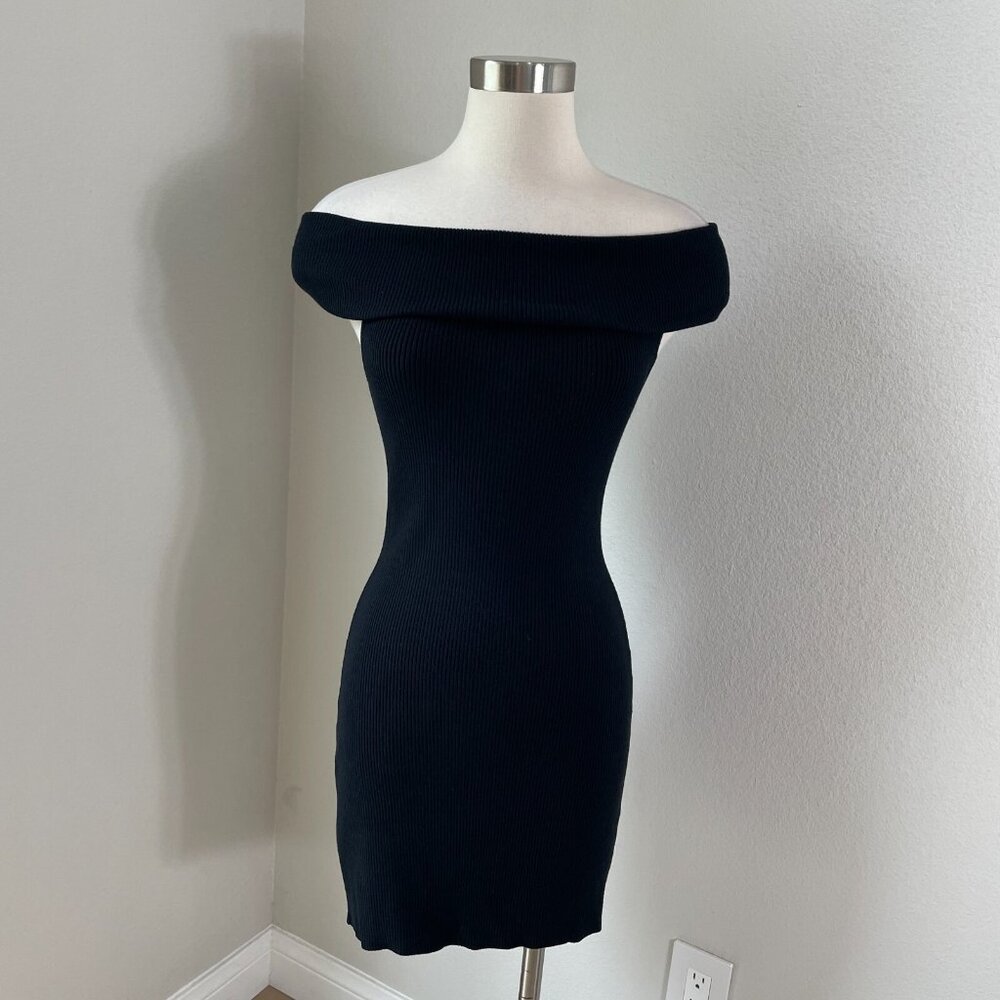 A.L.C. Womens Small Black Off Shoulder Ribbed‎ Knit Sweater Dress Stretch Mini